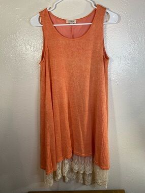 Umgee Coral-Orange Sleeveless Shift Dress with Cream Lace Trim